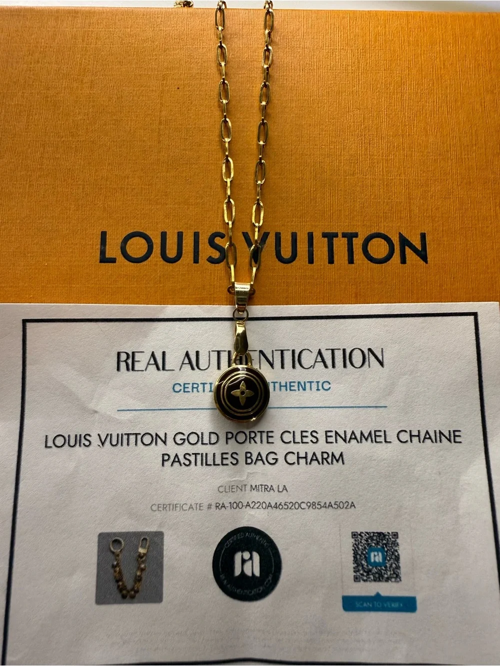 Louis Vuitton Gold and Black Enamel Pastilles Bag Charm Necklace-COA